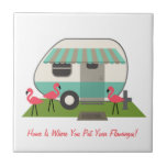Retro Camper With Flamingos Tile<br><div class="desc">A tile featuring an illustration of a retro camper with pink flamingos in the yard.  Text says "Home is Where You Put Your Flamingos!"</div>