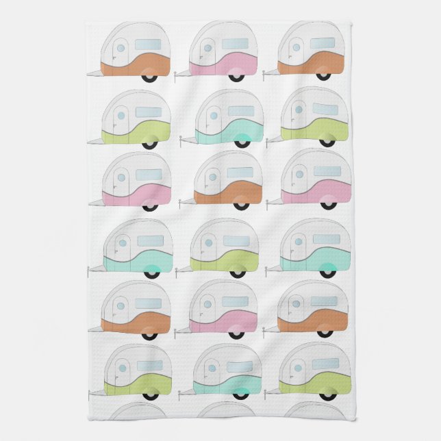 Retro Campers in Pastels Tea Towel (Vertical)