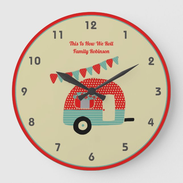 Retro Campervan Red Turquoise Shabby Chic Large Clock (Front)