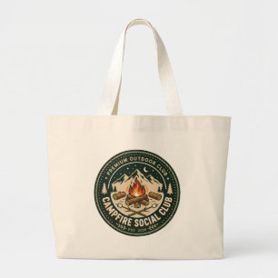 Retro Campfire Social Club Mountain Outdoor Badge Large Tote Bag