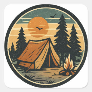 Retro Camping Adventure Badge - Vintage Mountain Square Sticker