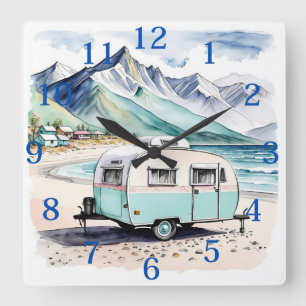 Retro Camping Caravan Beach Scene Square Wall Clock