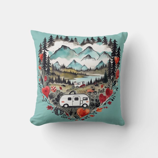 Retro Camping Heart Watercolor Cushion (Front)
