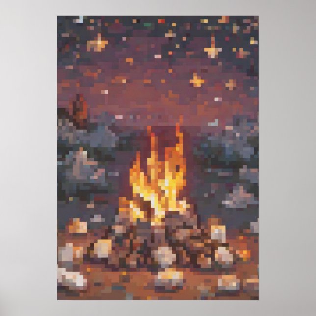 Retro Camping Pixel Art Design - Glowing Campfire  Poster (Front)