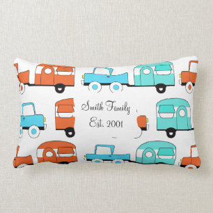 Retro Camping Trailer Turquoise Orange Vintage Car Lumbar Cushion