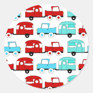 Retro Camping Trailer Turquoise Red Vintage Cars Classic Round Sticker