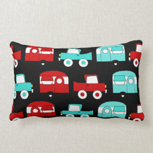Retro Camping Trailer Turquoise Red Vintage Cars Lumbar Cushion