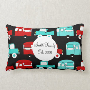 Retro Camping Trailer Turquoise Red Vintage RV Lumbar Cushion