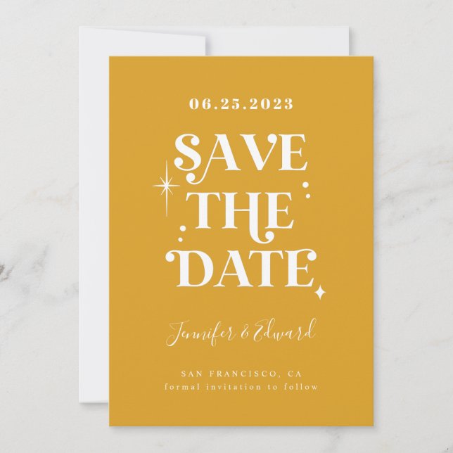 Retro Canary Yellow Save The Date Card (Front)
