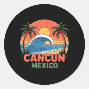 Retro Cancun Mexico Sunset Palm Tree Beach Summer Classic Round Sticker