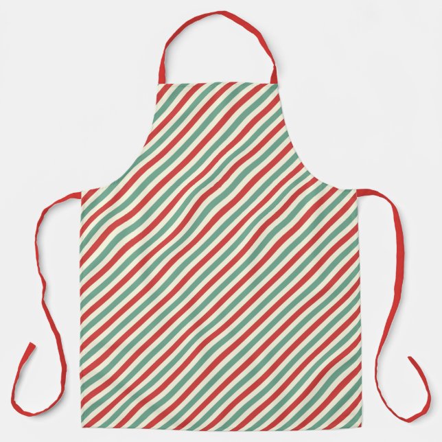 Retro Candy Cane Christmas Stripes Red Green Apron (Front)