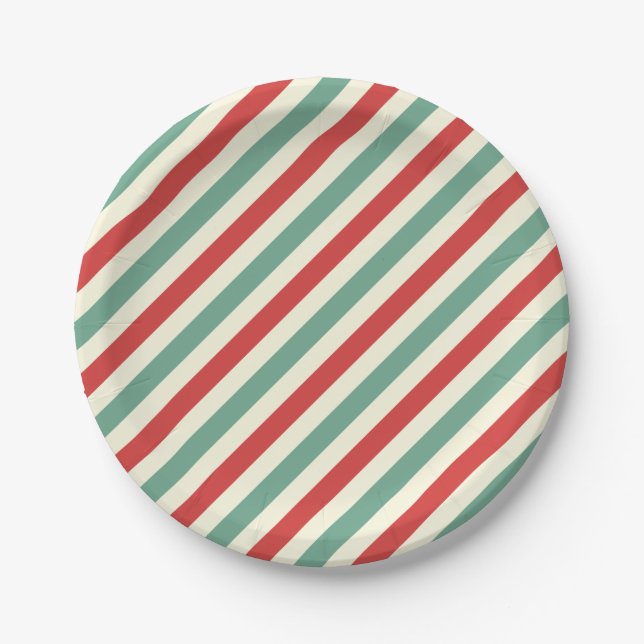 Retro Candy Cane Christmas Stripes Red Green Paper Plate (Front)