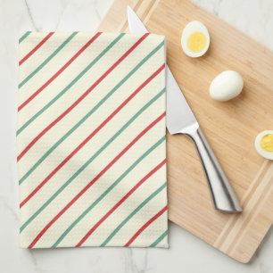 Retro Candy Cane Christmas Stripes Red Green Tea Towel