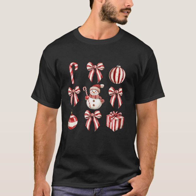Retro Candy Cane Coquette Bow Cute Christmas Girly T-Shirt (Front)