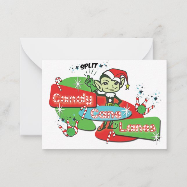 Retro Candy Cane Lanes Bowling Elf Card (Front)