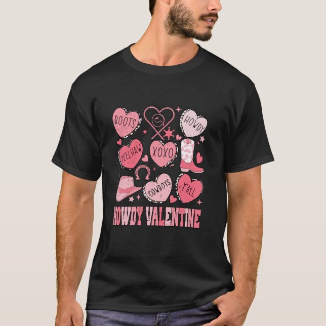 Retro Candy Heart Howdy Valentines Day Cowgirl Wes T-Shirt (Front)