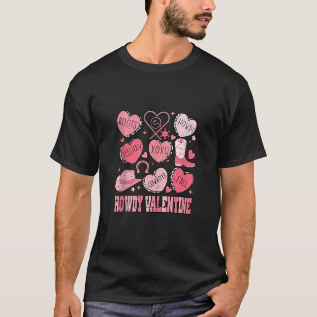 Retro Candy Heart Howdy Velentines Day Cowgirl Wes T-Shirt (Front)