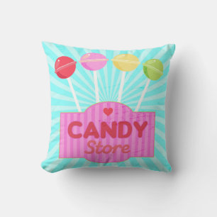 Retro Candy Store Pastel Lollipops on Stripes Cushion