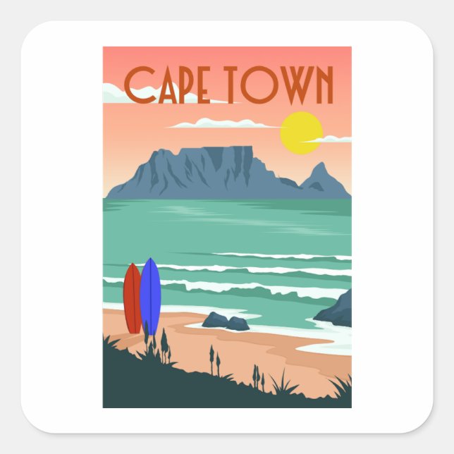 Retro Cape Town South Africa Table Mountain Art Square Sticker (Front)