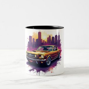 Retro Car and Cityscape Art Two-Tone Coffee Mug