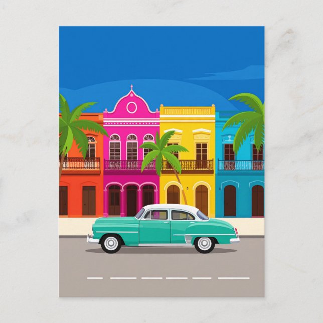 Retro Car and Colourful Colonial Buildings Cuba Postcard (Front)