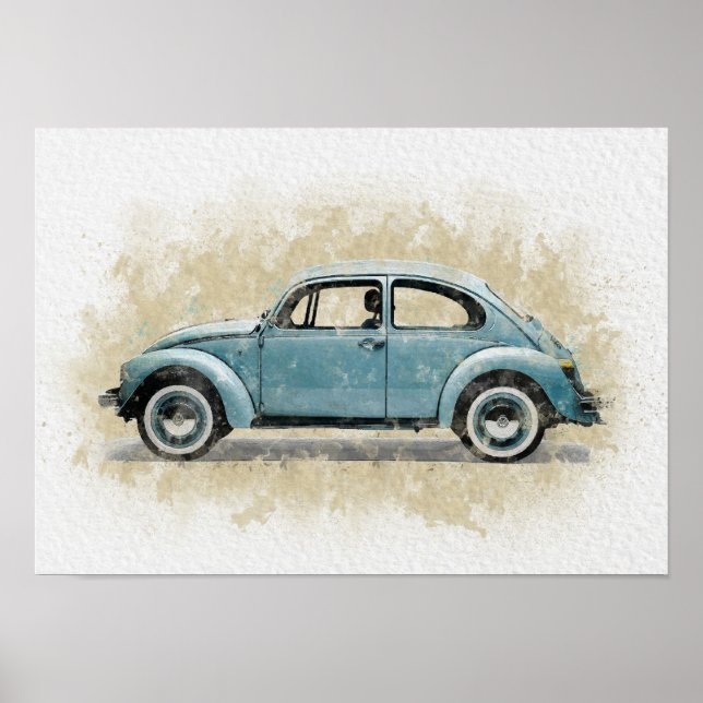 Retro Car Artwork - Blue Colour Poster (Front)