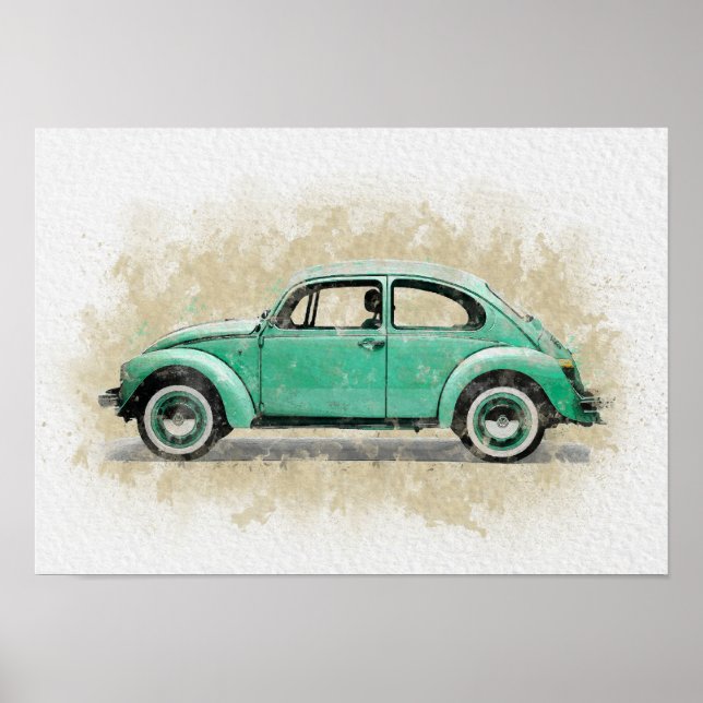 Retro Car Artwork - Green Colour Poster (Front)