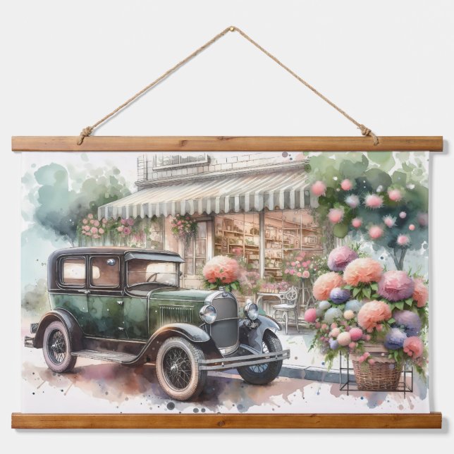 Retro Car & Blooming Boutique Scene Hanging Tapestry (Front)