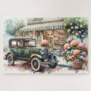 Retro Car & Blooming Boutique Scene Jigsaw Puzzle