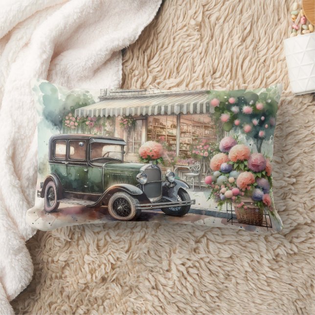 Retro Car & Blooming Boutique Scene Lumbar Cushion (Blanket)