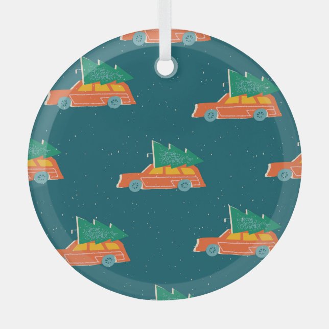 Retro Car Christmas Tree Pattern Glass Tree Decoration (Front)