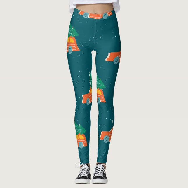 Retro Car Christmas Tree Pattern Leggings (Front)