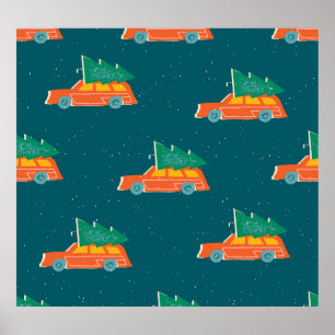 Retro Car Christmas Tree Pattern Poster