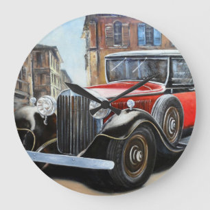 Retro Car Old City Painting Large Clock