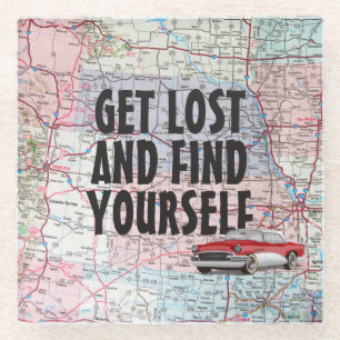 Retro Car on Road Map Glass Coaster