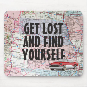Retro Car on Road Map Mouse Pad