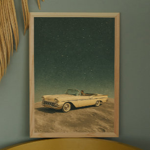 Retro Car on the Moon. Vintage Space Collage Art Poster