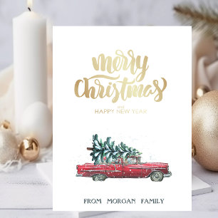 Retro Car, Pine Tree Christmas Holiday Card
