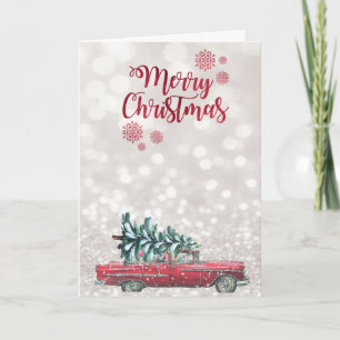 Retro Car Pine Tree,Glittery Bokeh  Holiday Card