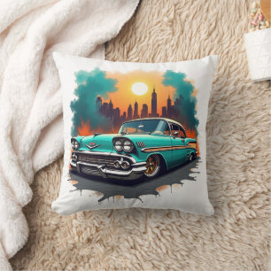 Retro Car with Urban Skyline Accent Cushion