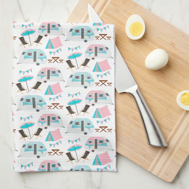 Retro Caravan Camping Cute Pattern Tea Towel (Quarter Fold)