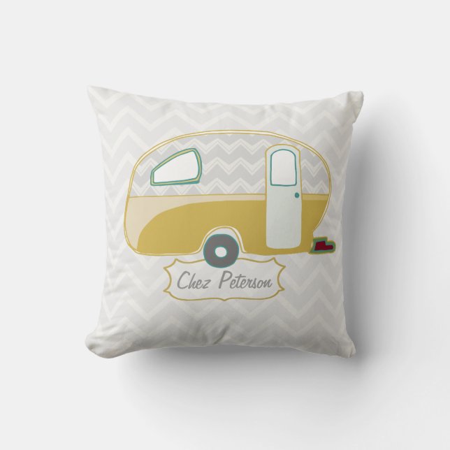 Retro Caravan Mustard Green and Grey Chevron Cushion (Front)