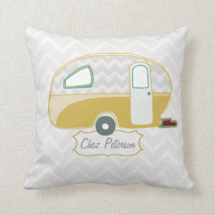 Retro Caravan Mustard Green and Grey Chevron Cushion