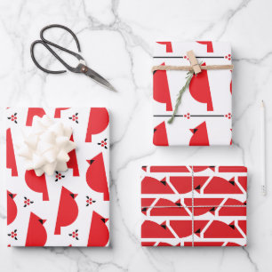 Retro Cardinal Wrapping Paper Flat Sheet Set of 3