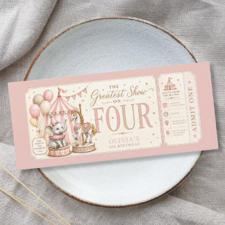 Retro carnival theme girl 4th birthday  invitation