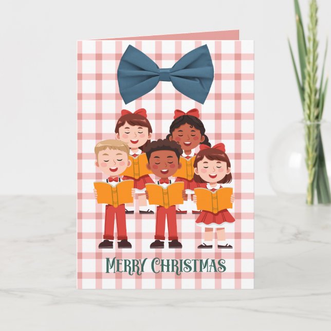 Retro Carolers Funny Christmas Card with Bow  (Front)