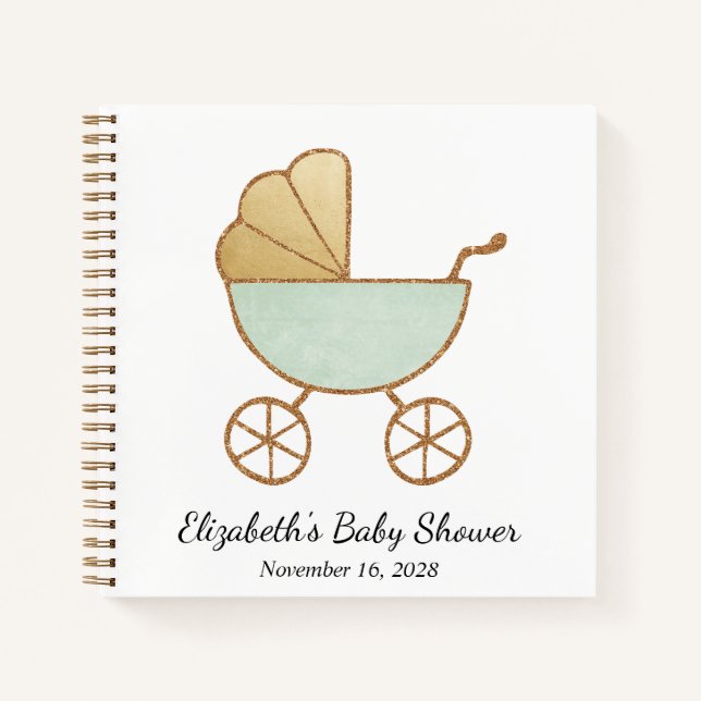 Retro Carriage Mint Green Baby Shower Guest Book (Front)