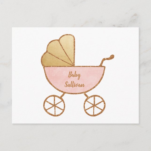 Retro Carriage Pink Gold Virtual Baby Girl Shower Invitation Postcard (Front)