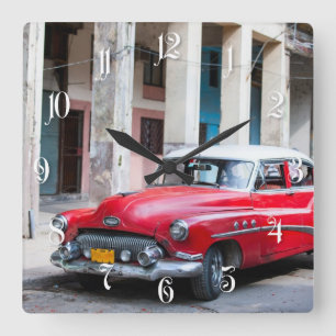 Retro cars at the Havana street Square Wall Clock