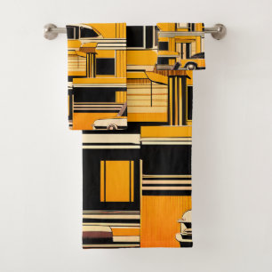Retro Cars Geometric Mustard Mid Century  Bath Towel Set